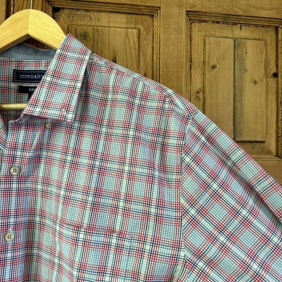 Men's Crown & Ivy XL Slim Fit Blue Red White Long‎ Sleeve Button Front Shirt - Picture 2 of 6